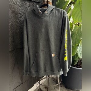 Carhartt Charcoal Hoodie with Yellow Sleeve Logo